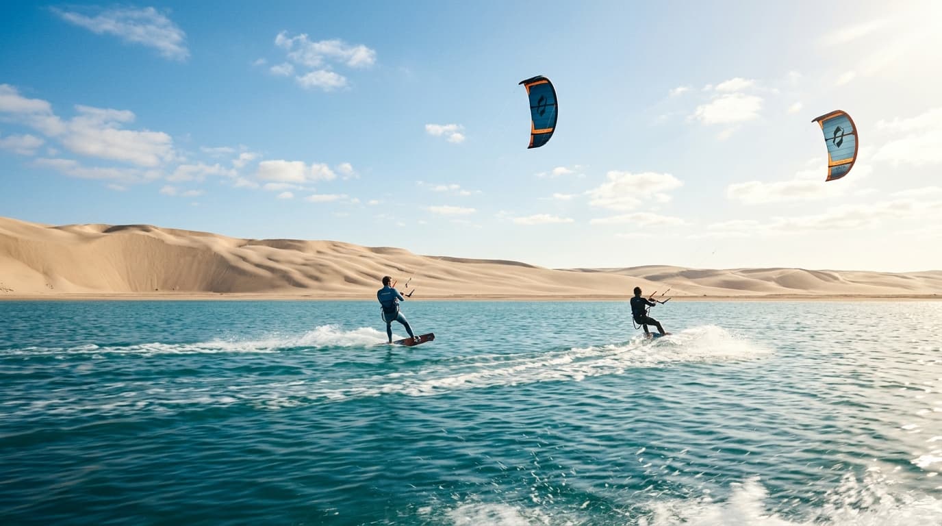 Zwei Kitesurfer gleiten bei strahlendem Sonnenschein und blauem Himmel über das flache Wasser einer weitläufigen Wüstenlagune vor einer sandigen Kulisse.