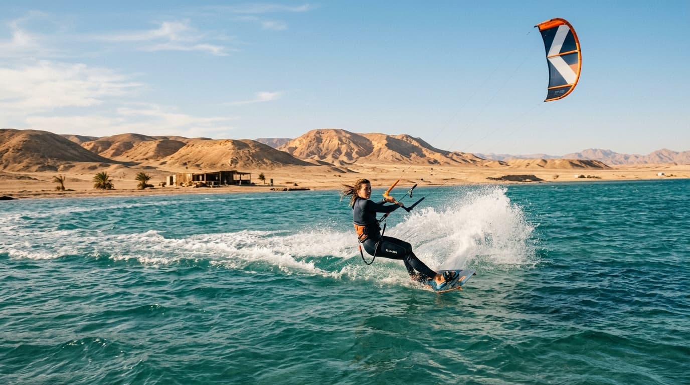 Ein Kitesurfer zieht eine scharfe Kurve auf dem türkisfarbenen Wasser einer windigen Lagune vor der Kulisse der kargen ägyptischen Wüstenlandschaft im warmen Winterlicht.
