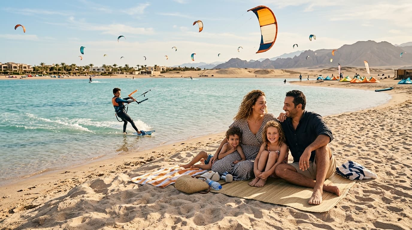 Eine glückliche Familie am Sandstrand eines Kitespots in Ägypten, im Hintergrund ein Kind beim Kitesurfen im flachen türkisfarbenen Stehrevier.