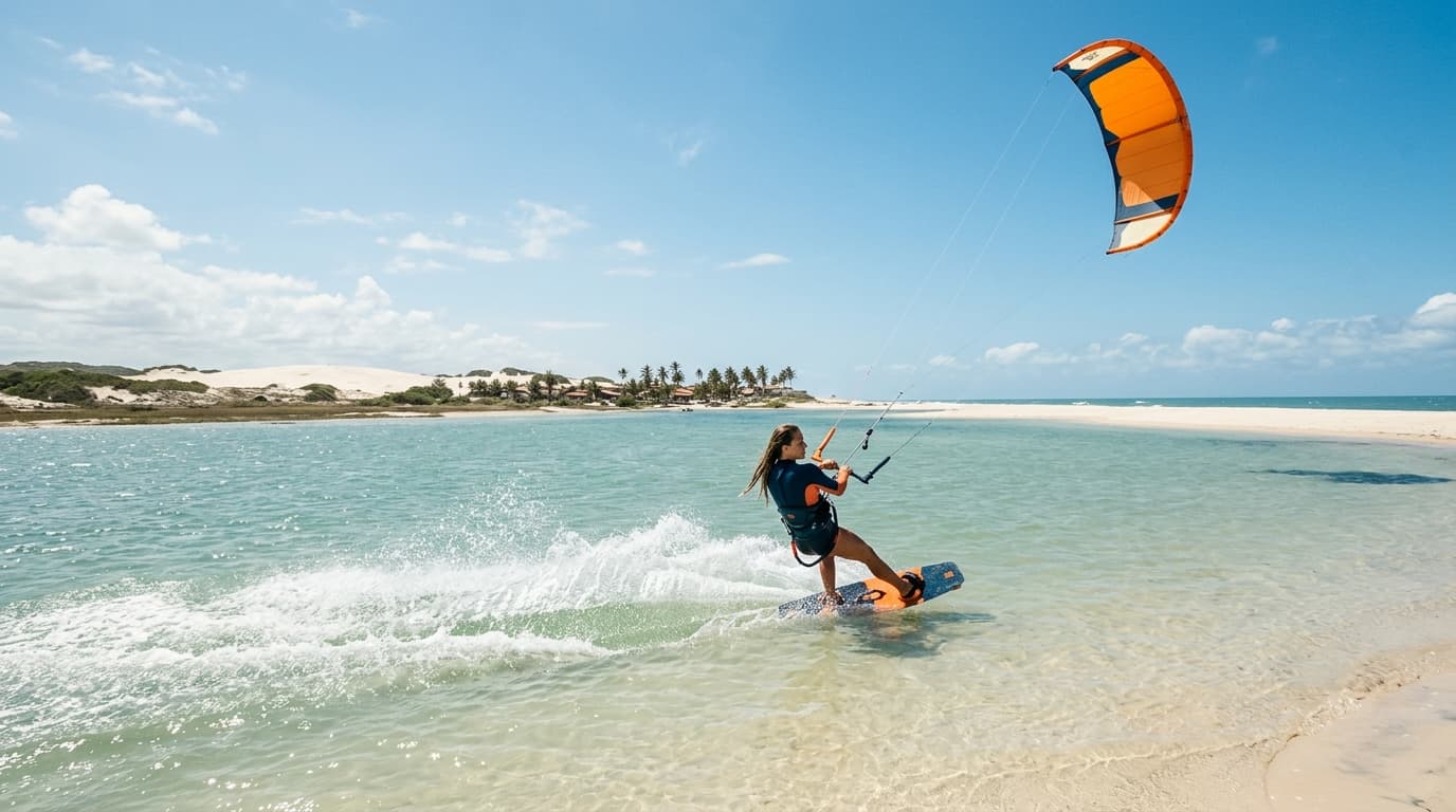 Ein Kitesurfer zieht bei konstantem Passatwind und strahlendem Sonnenschein seine Bahnen auf einer flachen, glitzernden Flachwasser-Lagune im Nordosten Brasiliens.