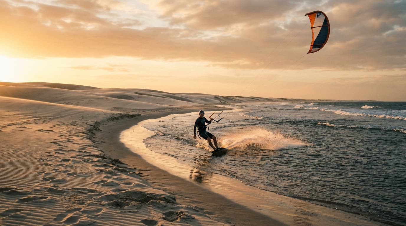 Ein Kitesurfer gleitet bei Sonnenuntergang während eines Downwinders entlang der unberührten Dünenlandschaft an der Küste Cearás in Brasilien.