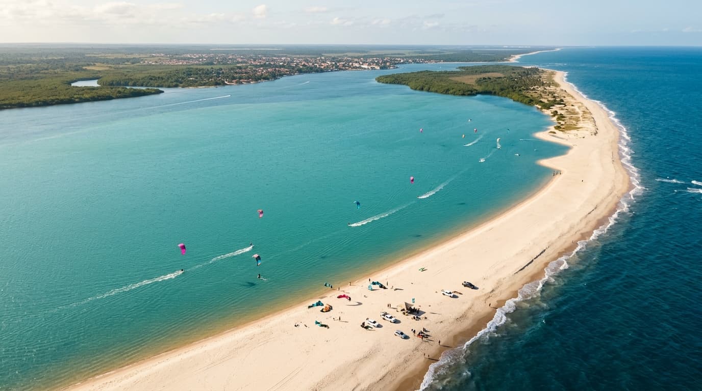 Luftaufnahme des Kitespots Macapá mit der Flussmündung des Rio Camurupim und der schützenden Sandbank