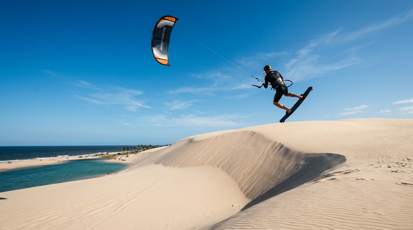 Ein Kitesurfer springt mit seinem Kite vor einer riesigen Sanddüne unter strahlend blauem Himmel im Nordosten Brasiliens.
