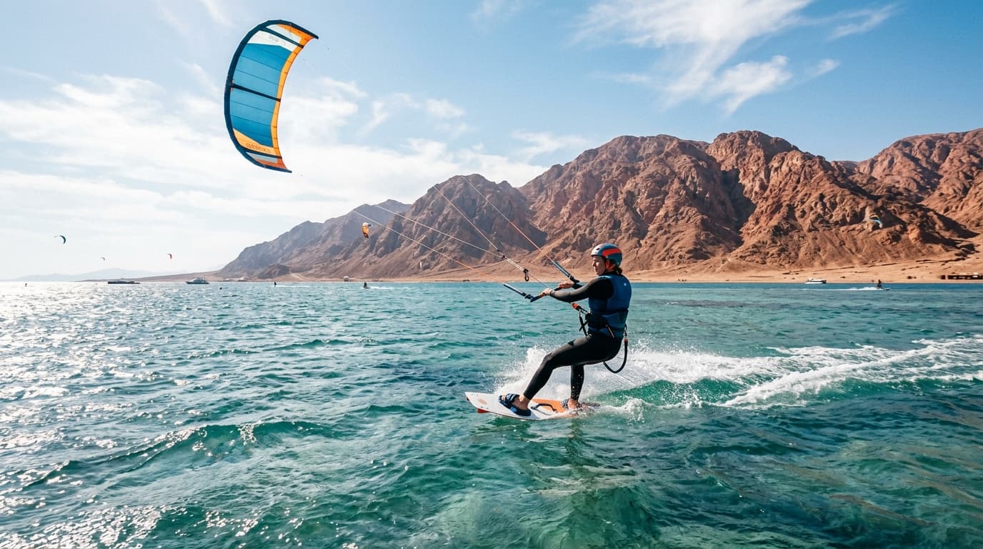 Ein Kitesurf-Anfänger trainiert in der türkisblauen, flachen Lagune von Dahab bei strahlendem Sonnenschein und windigen Bedingungen mit Blick auf die roten Berge des Sinai.