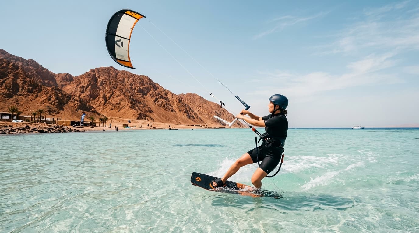Ein Kitesurf-Anfänger übt erste Starts im türkisblauen, flachen Wasser der Kitesurf-Lagune in Dahab, Ägypten, vor der beeindruckenden Kulisse der rötlichen Sinai-Berge.