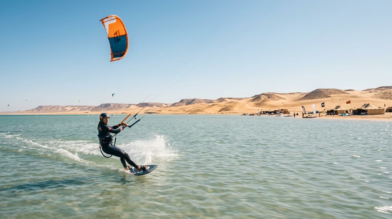 Ein Kitesurfer gleitet bei strahlendem Sonnenschein und konstantem Wind über das flache, türkisfarbene Wasser der riesigen Wüstenlagune in Dakhla Marokko.