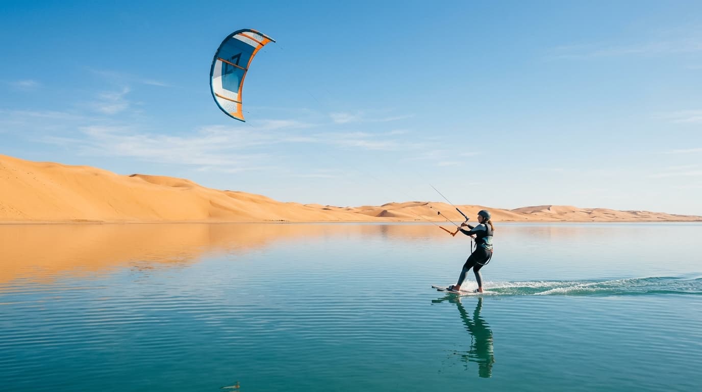 Ein Kitesurf-Anfänger gleitet bei strahlendem Sonnenschein und blauem Himmel über das flache, türkisfarbene Wasser der Lagune von Dakhla in Marokko vor einer Kulisse aus Wüstensand.