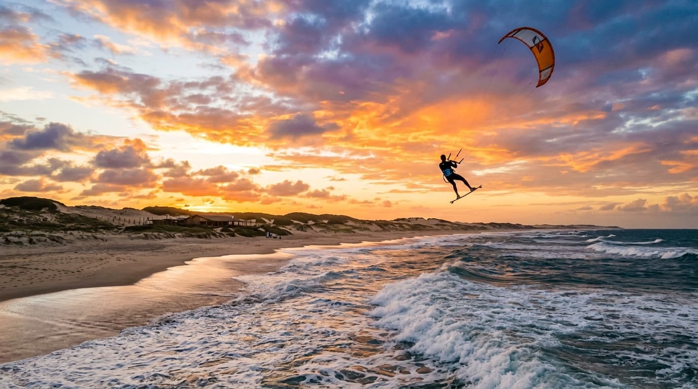 Kitesurfer springt bei Sonnenuntergang über die Wellen am Strand von Emboaca, Ceará, Brasilien, mit dem VentoVinte Beach Club im Hintergrund.