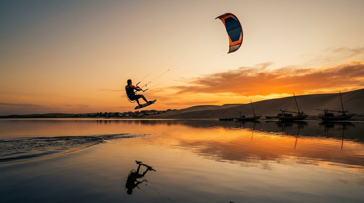 Ein Kitesurfer fliegt mit seinem Schirm über das spiegelglatte Flachwasser der Lagune von Galinhos in Brasilien bei Sonnenuntergang, im Hintergrund Dünen und Fischerboote.