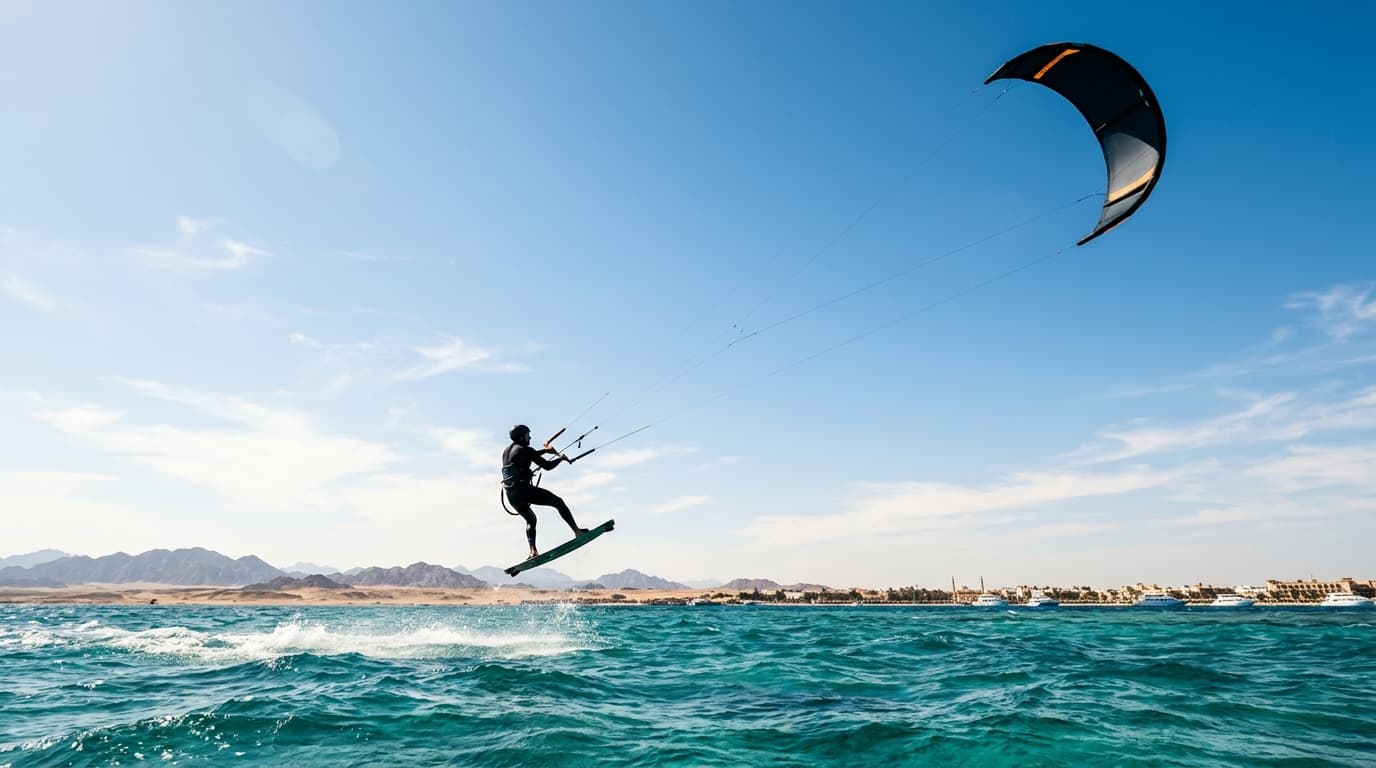 Kitesurfer springt über das türkisfarbene Wasser vor Hurghada im Winter bei strahlendem Sonnenschein und mäßigem Wind.