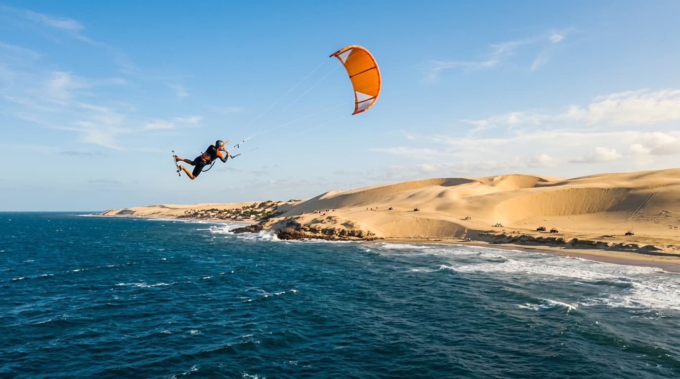 Ein Kitesurfer fliegt mit seinem Kite über das tiefblaue Meer vor den hohen Sanddünen von Jericoacoara in Brasilien.