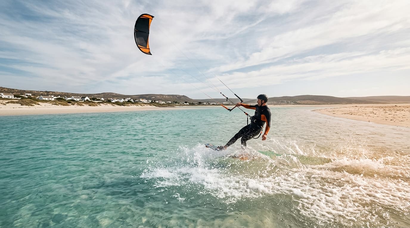Kitesurfer auf dem türkisfarbenen, flachen Wasser der Lagune von Langebaan in Südafrika vor sandiger Küste