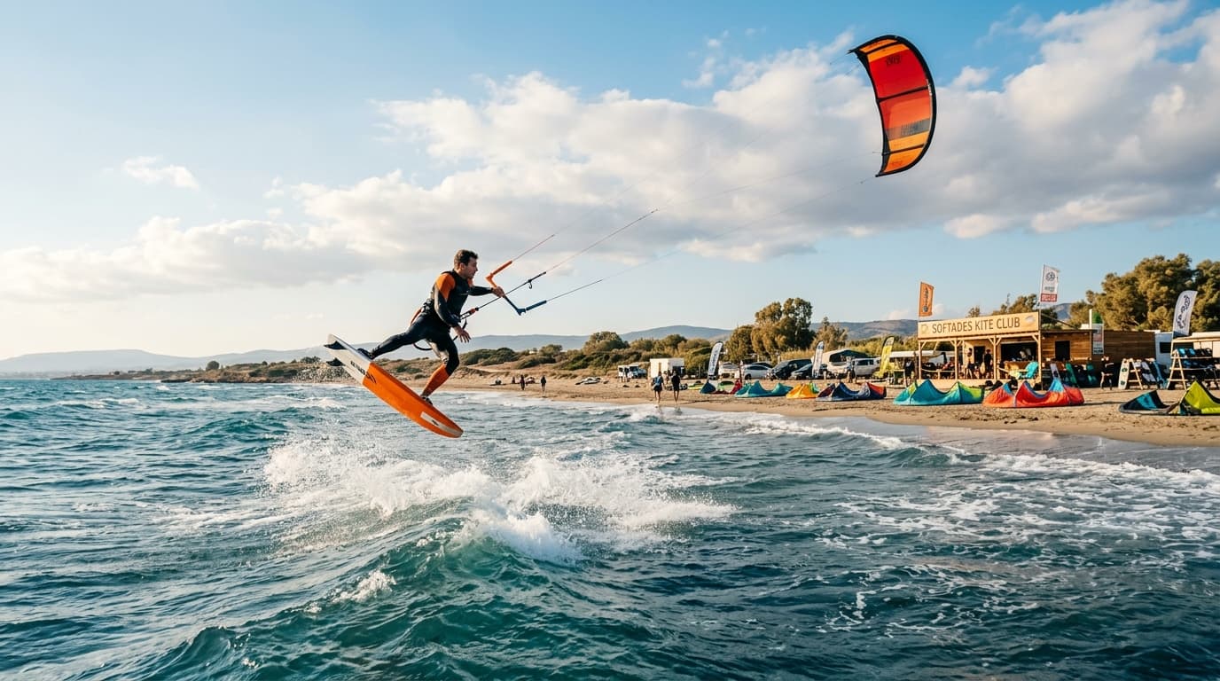 Kitesurfer am Kitespot Softades Beach bei Larnaca auf Zypern mit auflandigem Thermikwind und Kiteschule im Hintergrund