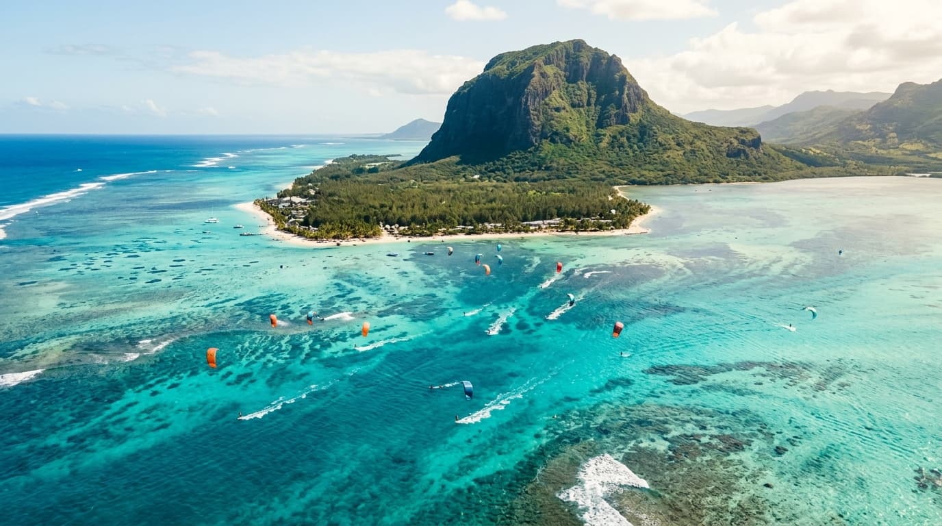 Luftaufnahme der Kitesurf-Lagune in Le Morne mit dem Berg Le Morne Brabant im Hintergrund