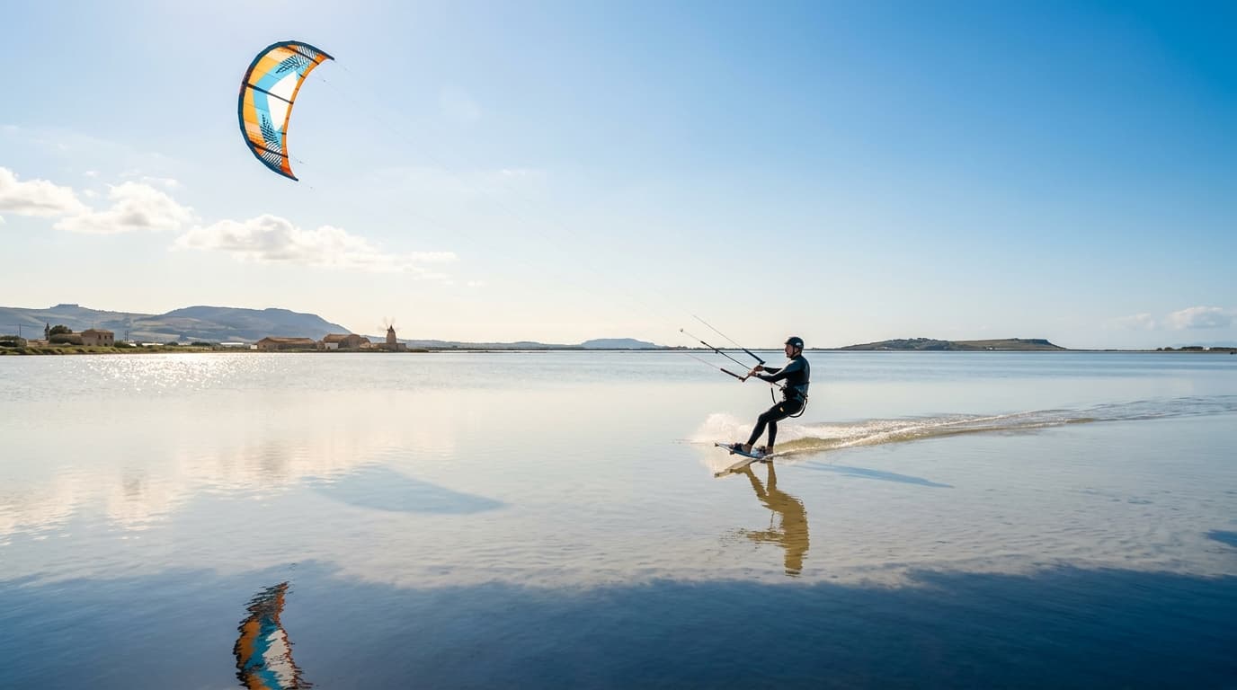 Kitesurfer in der Flachwasserlagune Lo Stagnone auf Sizilien bei sonnigem Wetter und konstantem Wind
