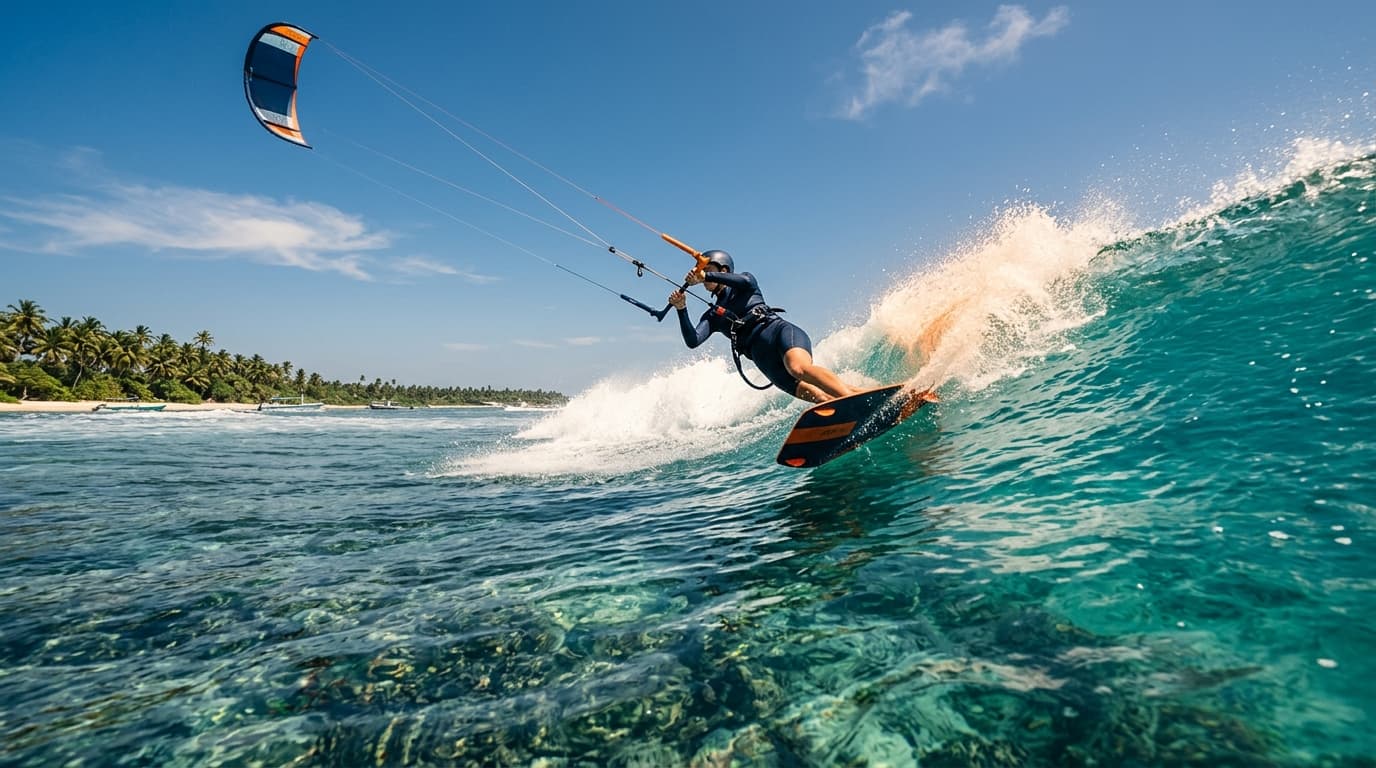 Kitesurfer reitet eine Welle am Madiha Reef an der Südküste von Sri Lanka bei Sonnenschein und transparentem Wasser.