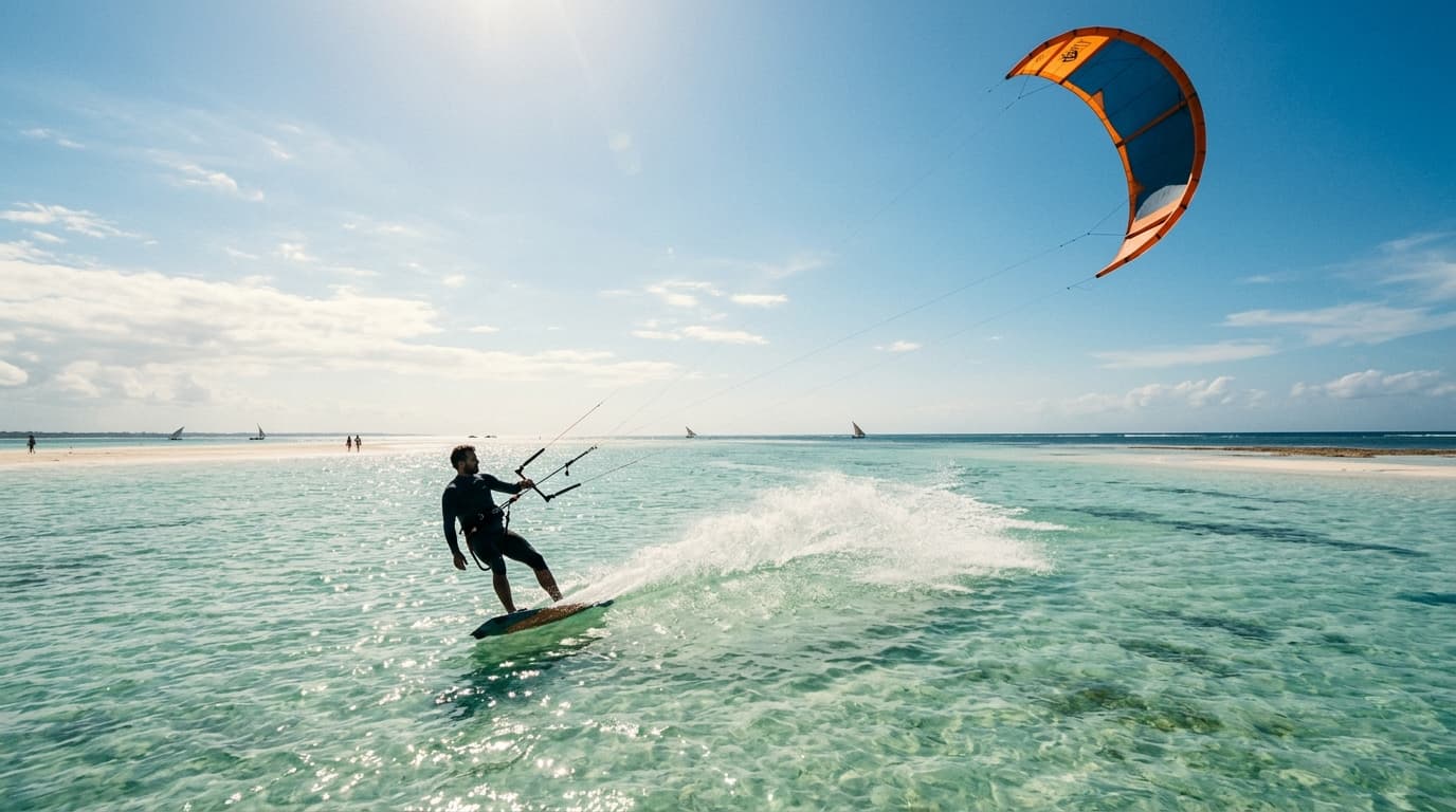 Kitesurfer gleitet über das türkisblaue Stehrevier der Lagune von Paje auf Sansibar bei Sonnenschein