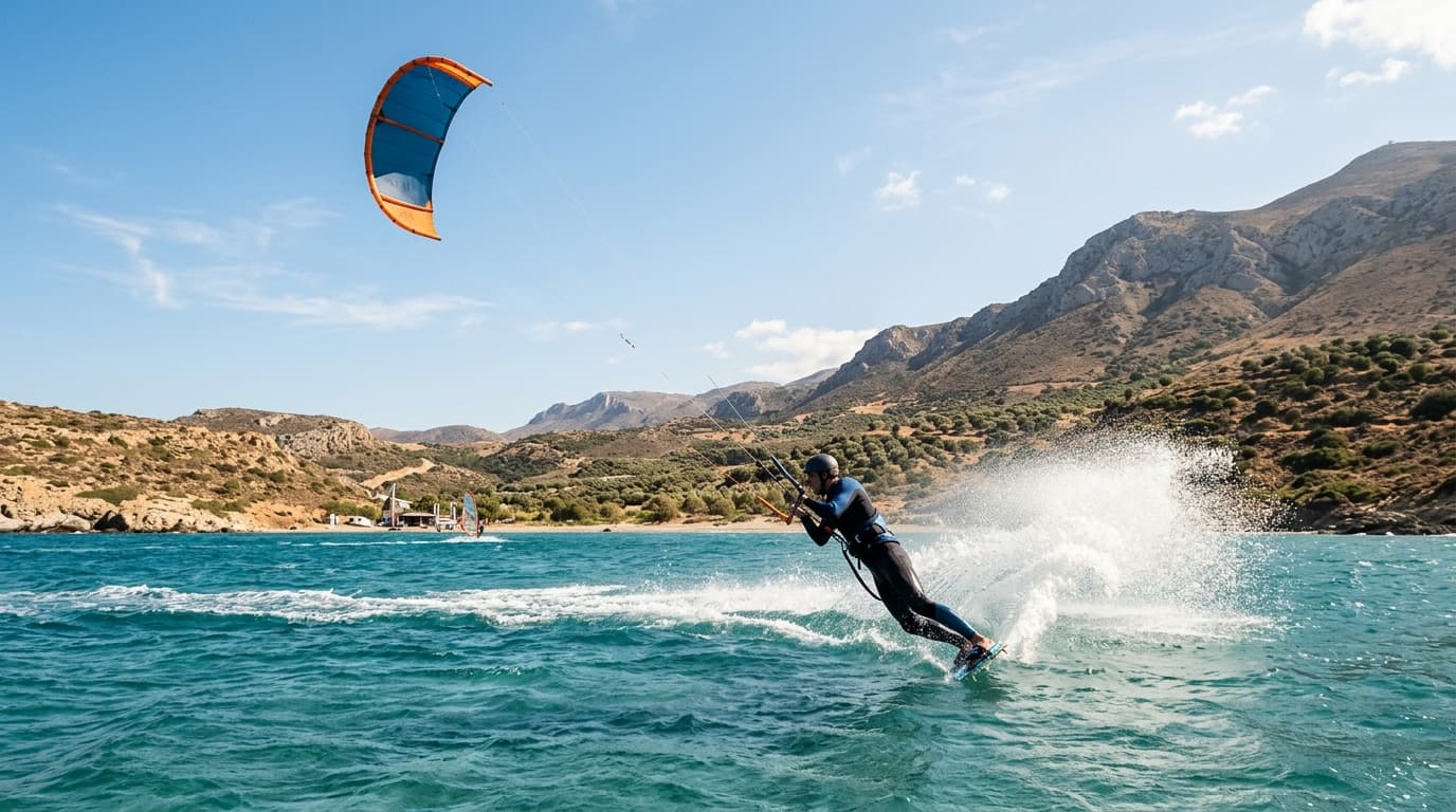 Kitesurfer auf flachem blauem Wasser in der Kouremenos-Bucht bei Palekastro auf Kreta bei starkem Meltemi