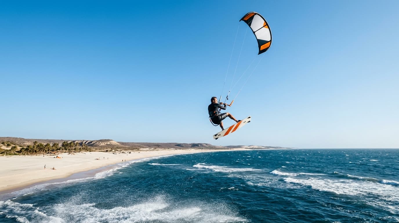Ein Kitesurfer springt bei starkem Wind auf dem tiefblauen Atlantik vor dem weitläufigen Sandstrand von Praia do Preá in Brasilien unter wolkenlosem Himmel.