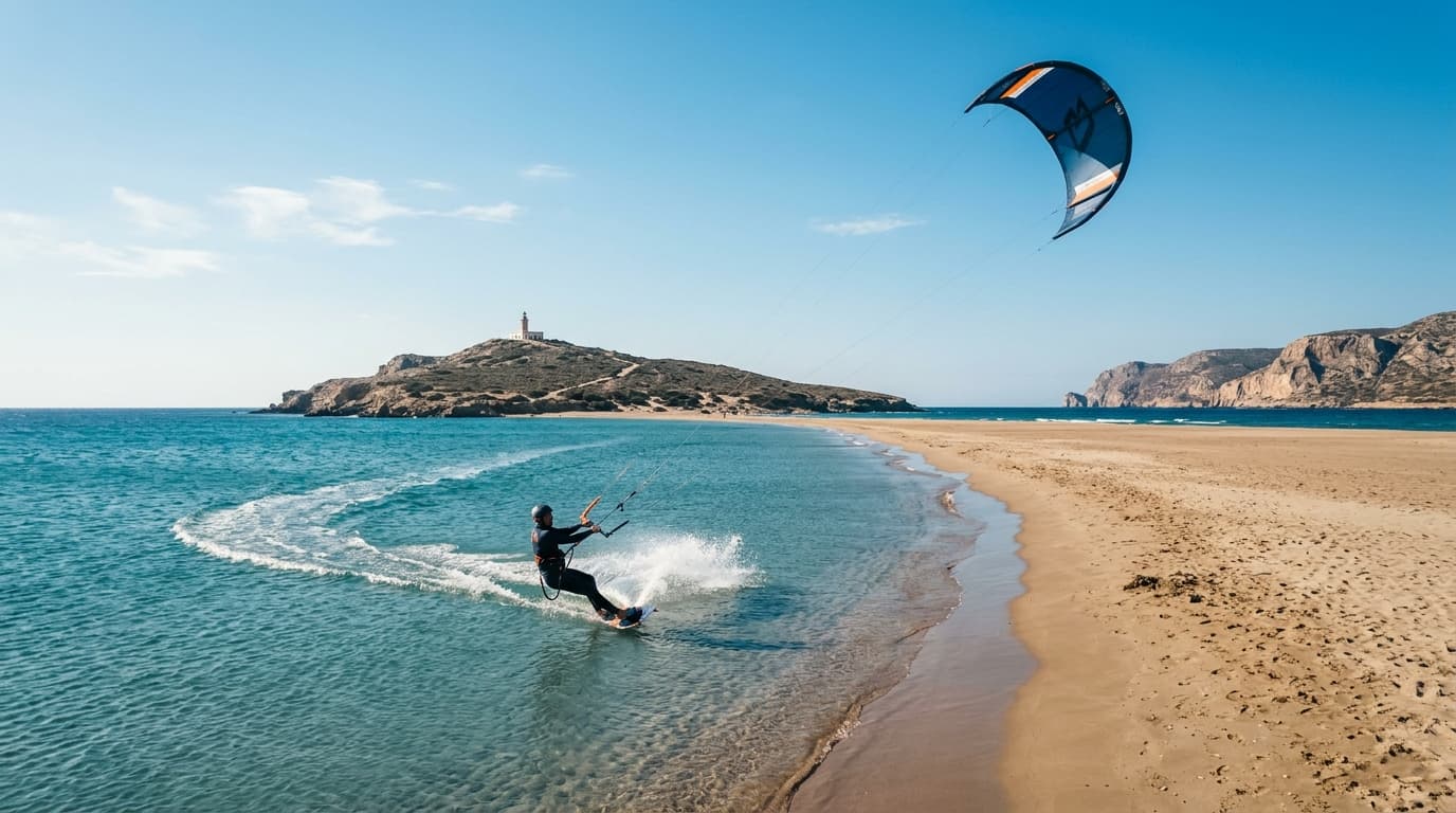 Kitesurfer auf der Flachwasserseite der Sandbank von Prasonisi auf Rhodos bei klarem blauen Himmel und Meltemi-Wind.