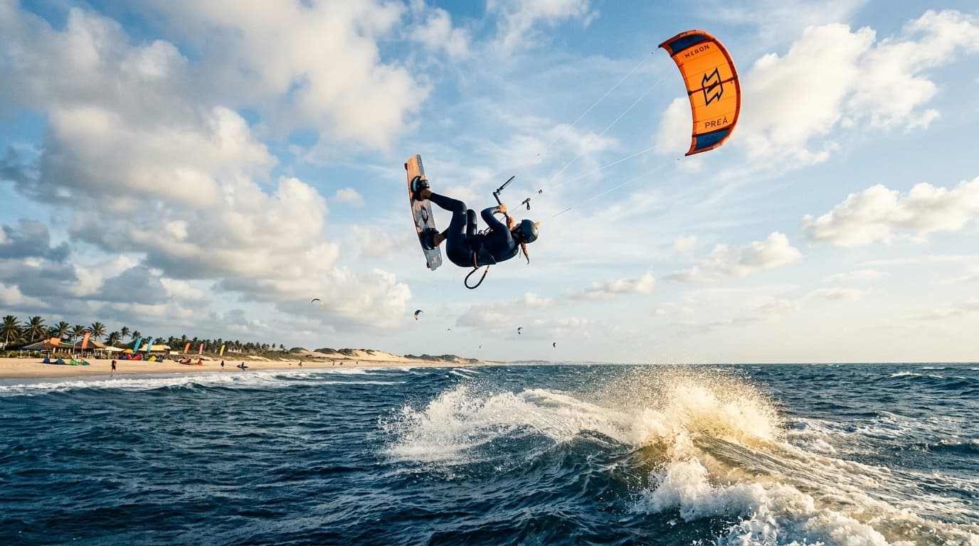 Ein Kitesurfer fliegt über das tiefblaue Wasser am Strand Praia do Preá in Brasilien bei starkem Passatwind.