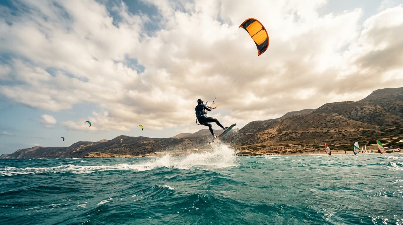 Kitesurfer springt über türkisfarbenes Wasser am Strand von Agrilaopotamos auf Karpathos bei starkem Meltemi-Wind.