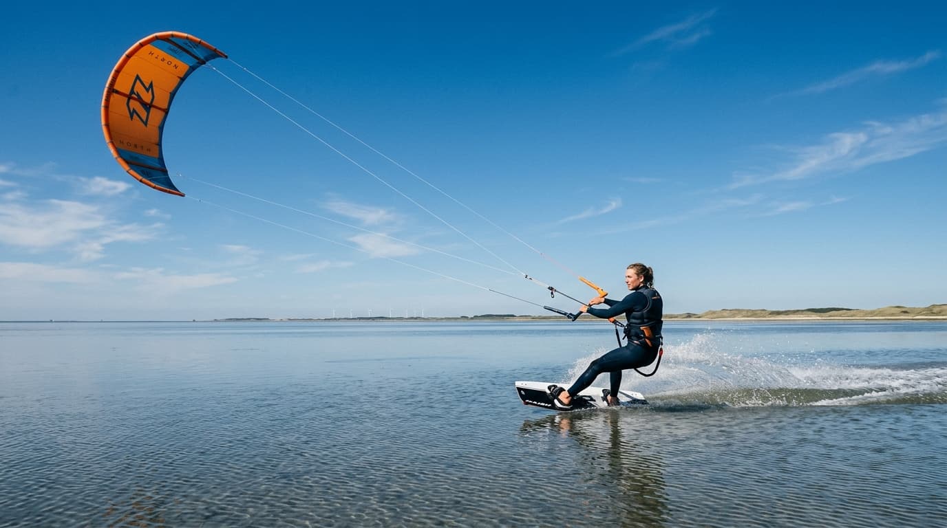 Ein Kitesurfer gleitet über das flache Flachwasser des Ringkøbing Fjords in Dänemark bei strahlendem Sonnenschein und starkem Wind.