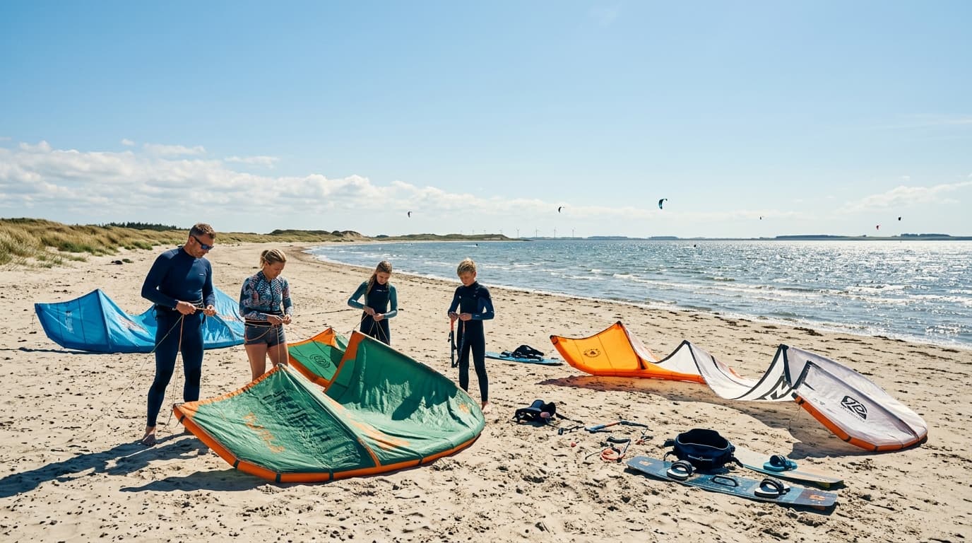 Eine sportliche Familie bereitet am sandigen Ufer des Ringkøbing Fjords in Dänemark ihre Kitesurfausrüstung bei strahlendem Sonnenschein und einer frischen Brise vor.
