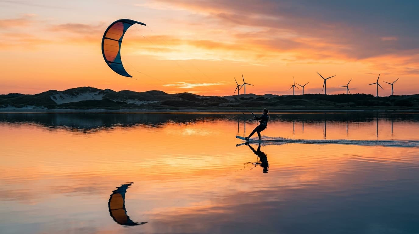 Ein Kitesurfer gleitet bei Sonnenuntergang über das flache, ruhige Wasser des Ringkøbing Fjords in Dänemark vor der Kulisse von Dünen und Windrädern.