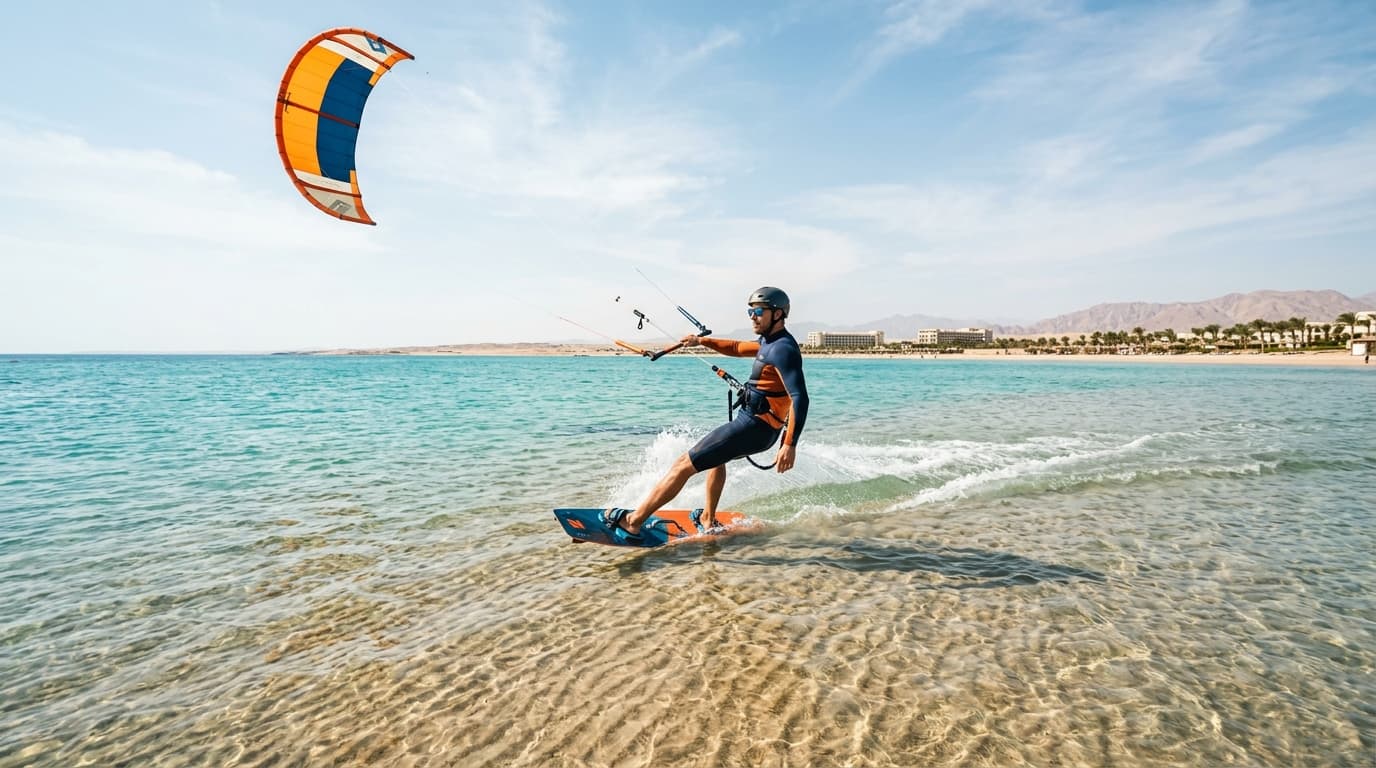 Kitesurfer in der Soma Bay im hüfttiefen Stehbereich der Sandbank bei Hochwasser