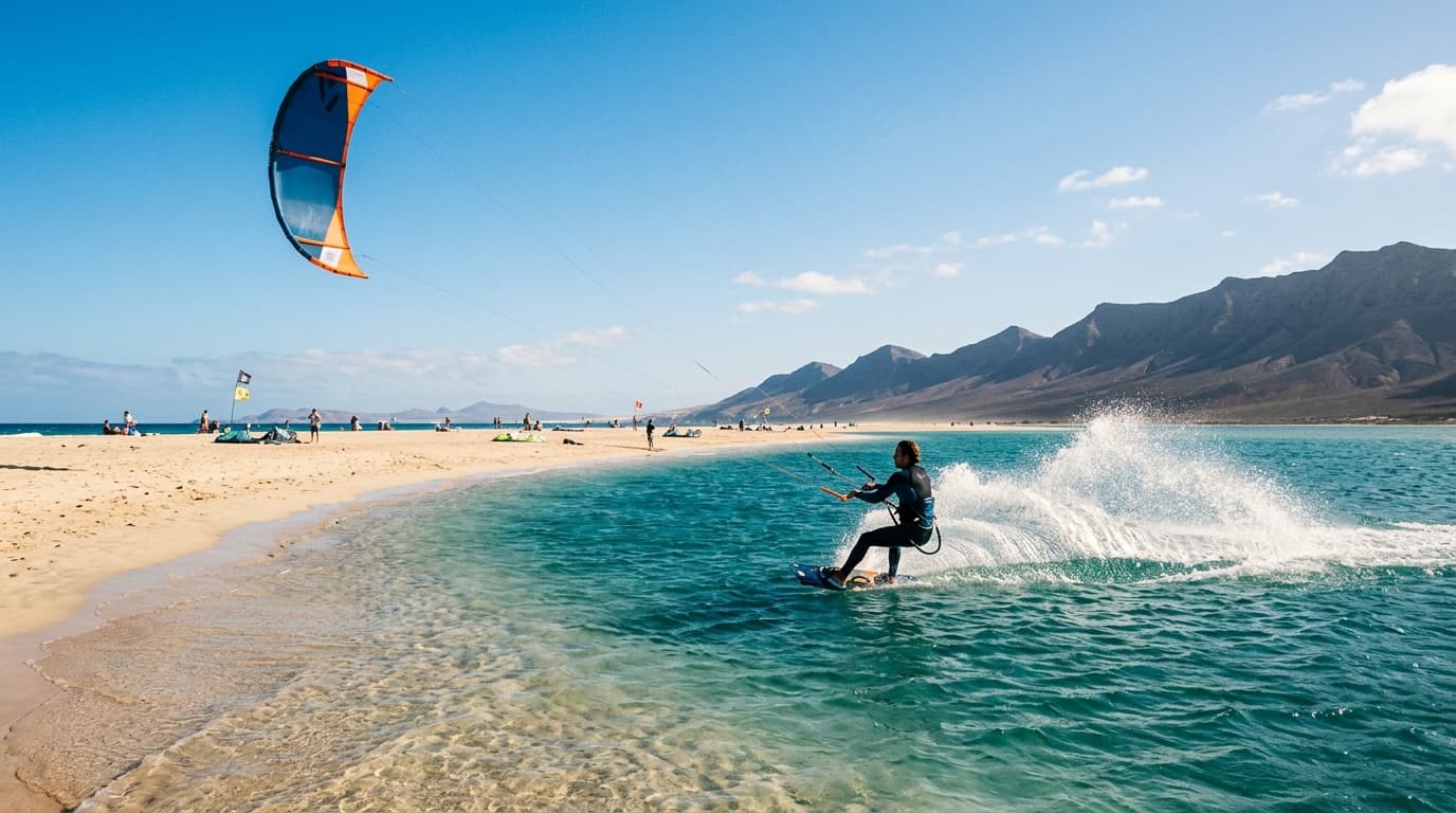 Kitesurfer auf der türkisblauen Gezeitenlagune von Sotavento auf Fuerteventura bei sonnigem Wetter und blauem Himmel