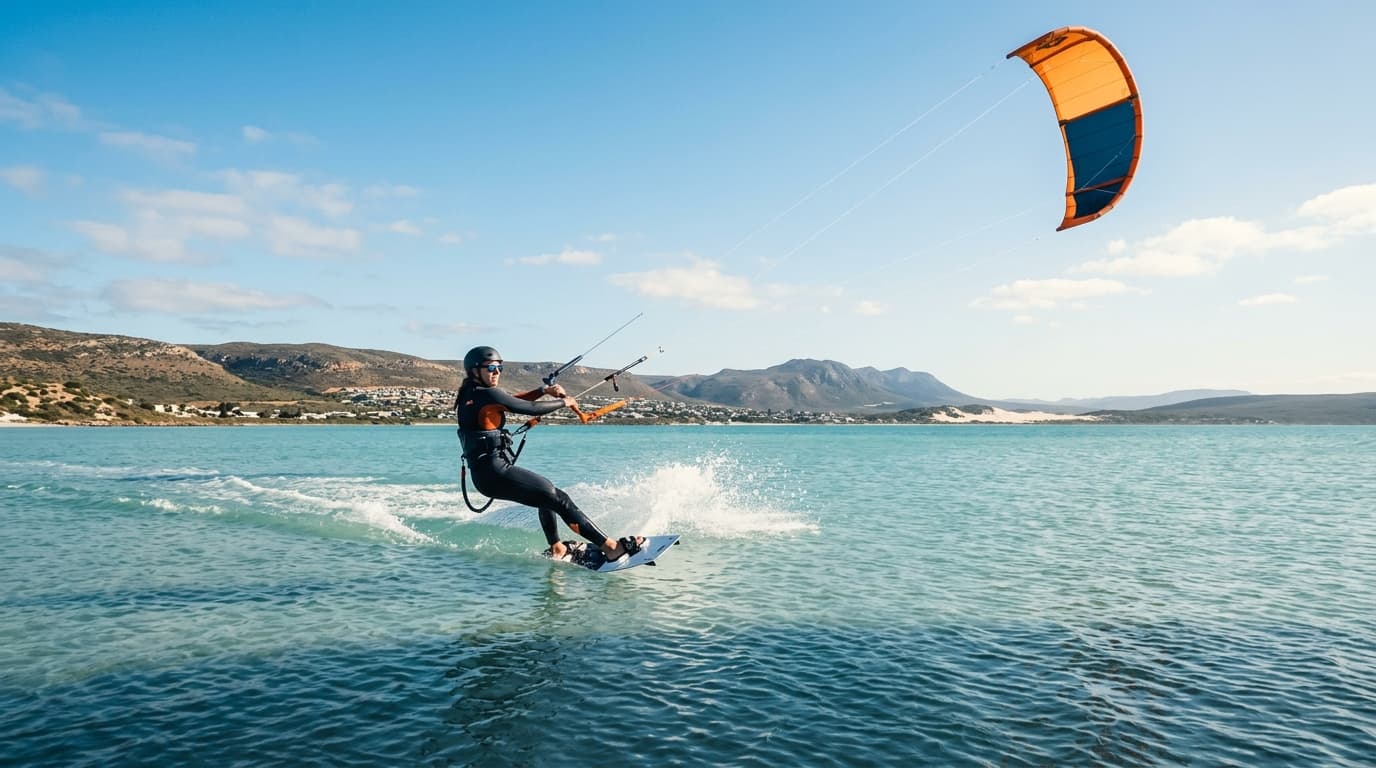 Kitesurfer auf dem flachen, türkisblauen Wasser der Lagune in Langebaan mit Blick auf die Küstenlandschaft Südafrikas.
