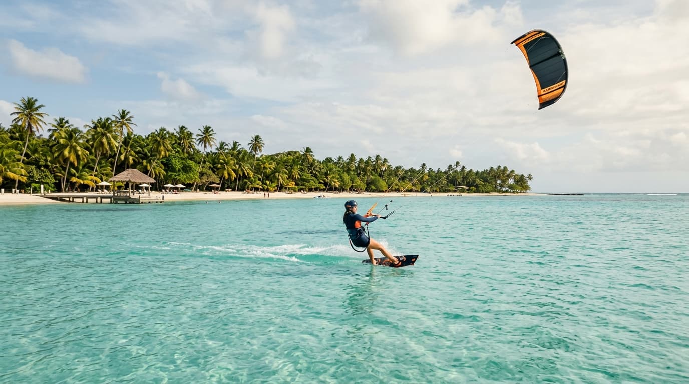 Kitesurfer in der flachen türkisblauen Lagune am Pigeon Point auf Tobago mit Palmenstrand im Hintergrund