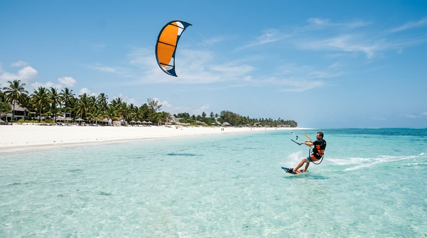Kitesurfer gleitet bei Sonnenschein über das türkisblaue Flachwasser vor dem weißen Sandstrand von Watamu in Kenia