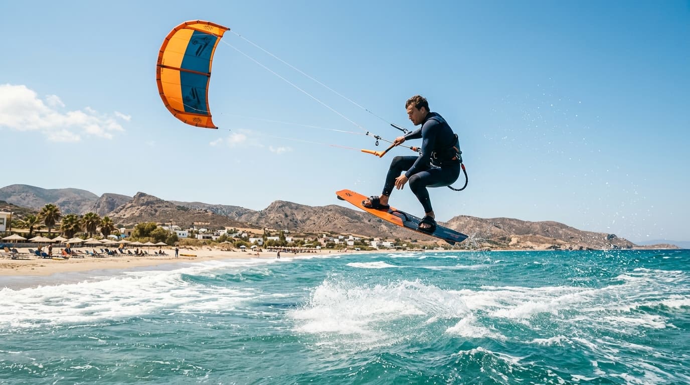 Kitesurfer auf dem türkisfarbenen Meer vor der Küste von Kos mit Blick auf Strand und Meltemi-Wind