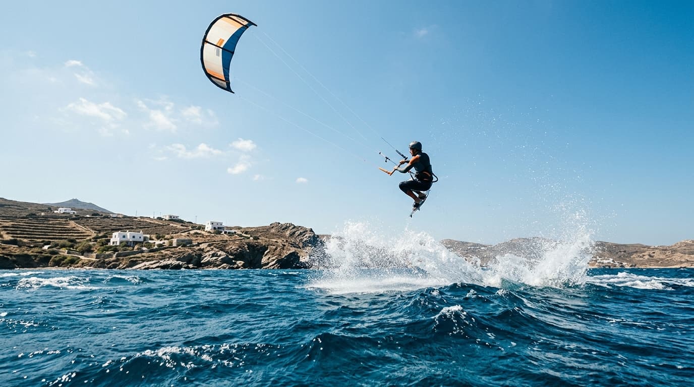 Kitesurfer springt bei Sonnenschein über das krasse blaue Wasser vor der Küste einer griechischen Insel im Meltemi-Wind.