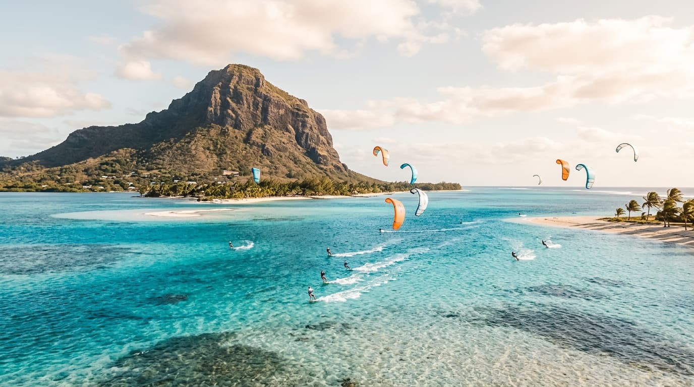 Blick auf den Kitespot Le Morne auf Mauritius mit dem markanten Berg Le Morne Brabant im Hintergrund und Kitesurfern in der türkisfarbenen Lagune.