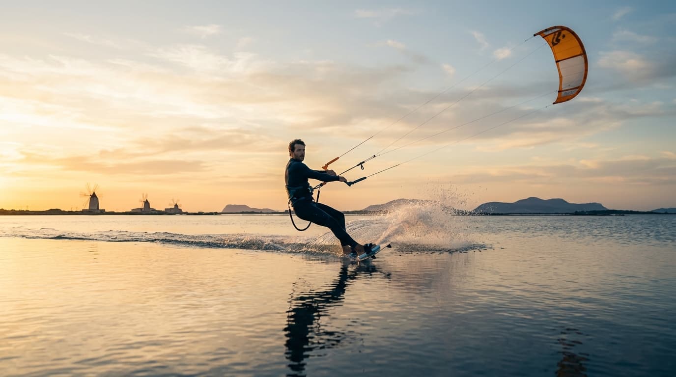 Kitesurfer in der Flachwasserlagune Lo Stagnone auf Sizilien bei konstantem Mistralwind im Sonnenuntergang