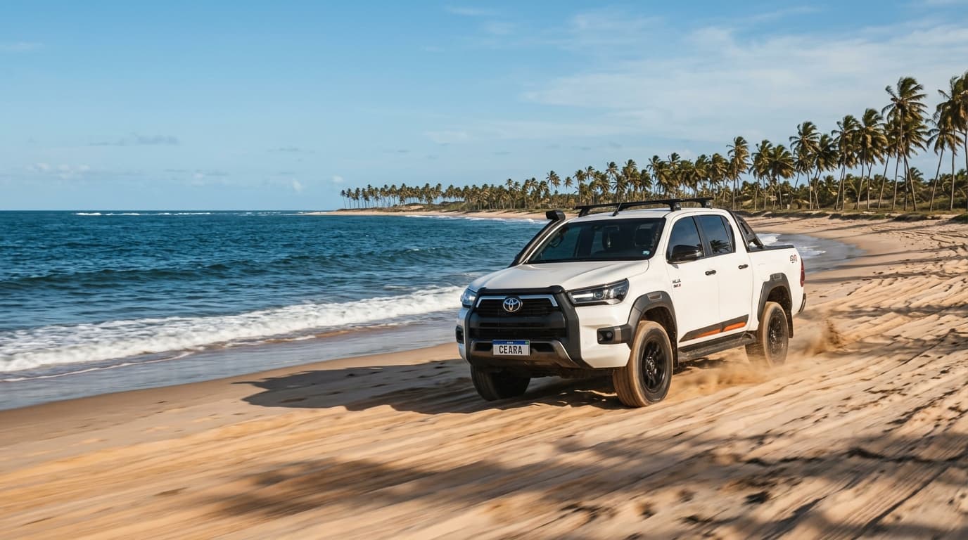 Ein Allrad-Fahrzeug (4x4) fährt auf einer sandigen Küstenpiste in Ceará, Brasilien, im Hintergrund das Meer und Palmen unter blauem Himmel.