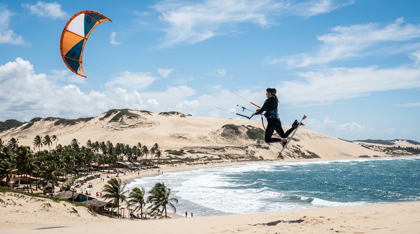 Ein Kitesurfer springt bei starkem Passatwind vor den Dünen und Palmen der Praia do Maceió in Ceará, Brasilien, während im Hintergrund das Meer glänzt.