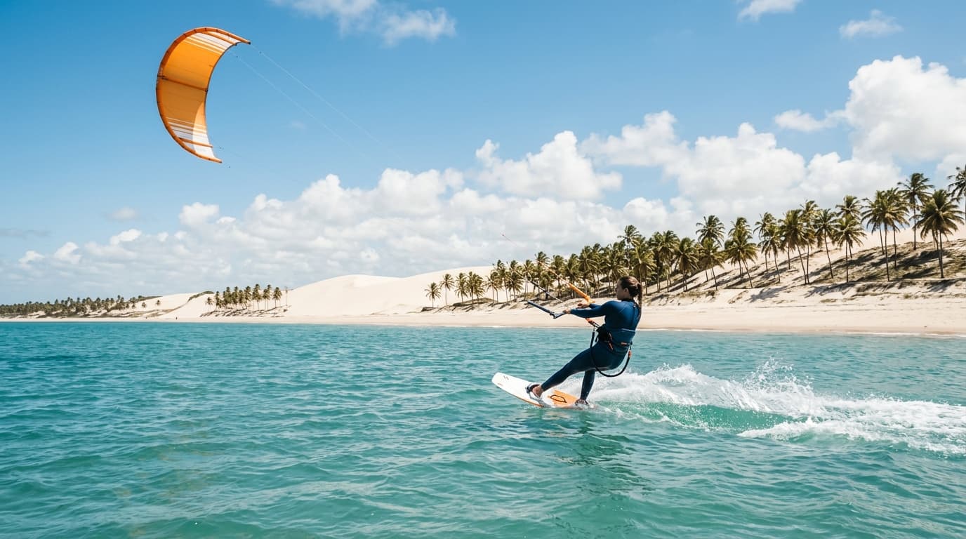 Kitesurfer auf dem türkisfarbenen Flachwasser am Praia de Maceió in Ceará vor einer Kulisse aus Sanddünen und Kokospalmen bei strahlendem Sonnenschein.
