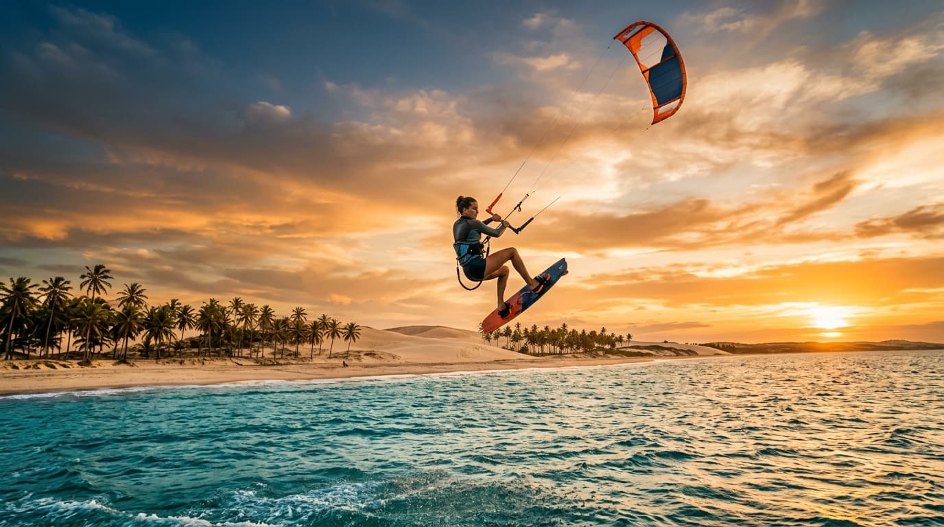 Ein Kitesurfer springt bei Sonnenuntergang über das türkisfarbene Wasser an der Praia do Maceió in Ceará, Brasilien, vor einer Kulisse aus Palmen und Sanddünen.