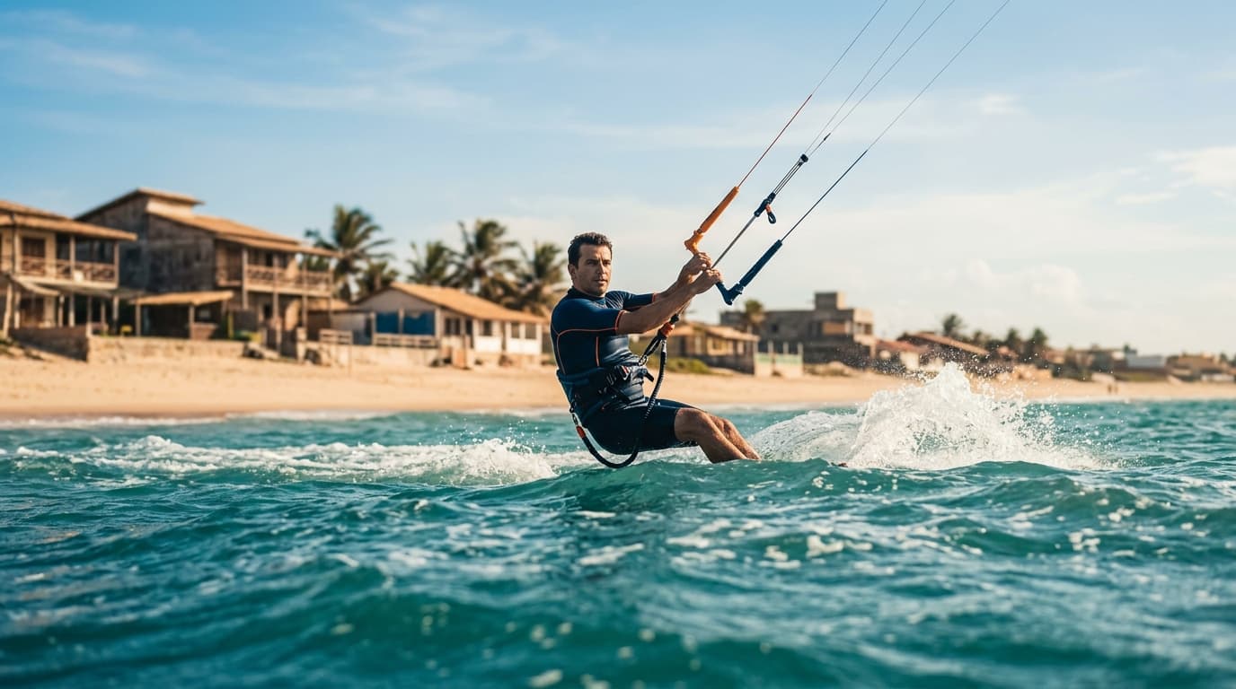 Kitesurfer auf dem türkisfarbenen Wasser vor dem Sandstrand von Praia de Maceió in Ceará mit traditionellen Pousadas im Hintergrund