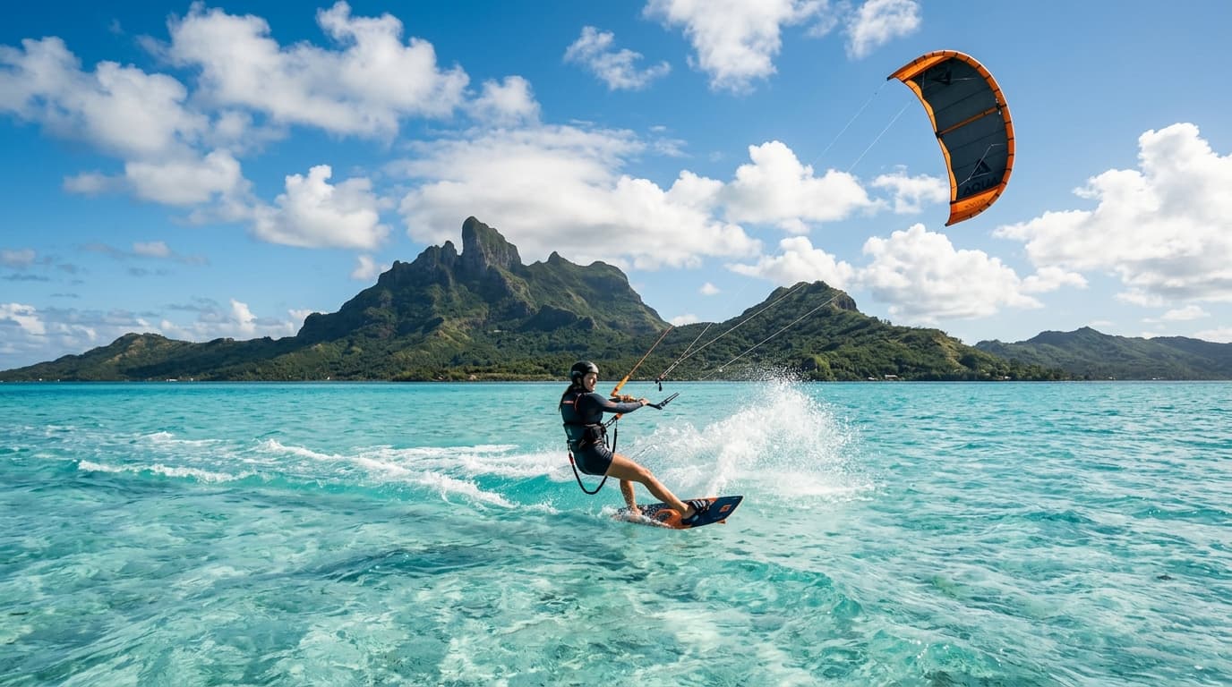 Ein Kitesurfer gleitet über eine türkisblaue Lagune mit einer vulkanischen Bergkulisse im Hintergrund.