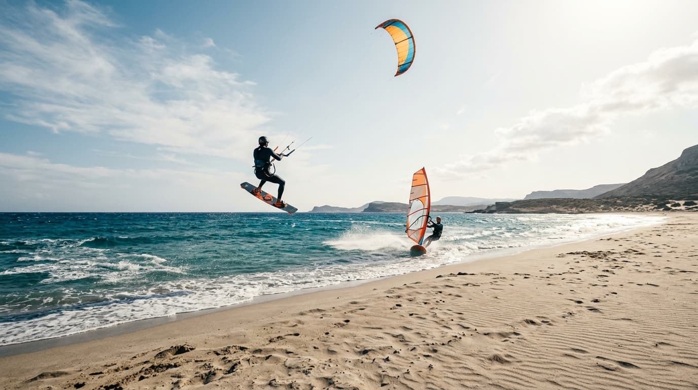 Kitesurfer und Windsurfer bei kräftigem Meltemi-Wind an einem flachen Sandstrand auf einer griechischen Ägäis-Insel