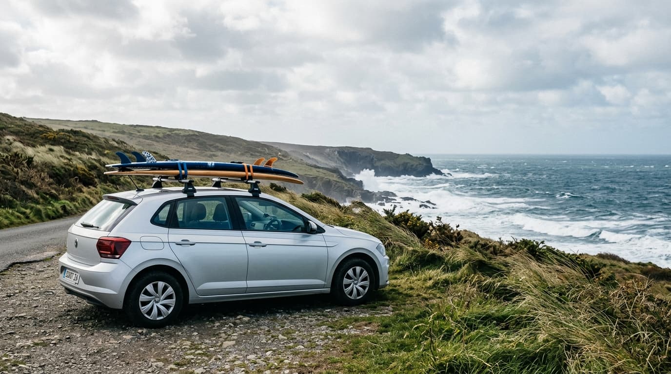 Ein kompakter Mietwagen parkt an einem windigen Küstenspot mit zwei Surfboards, die sicher auf einem Dachträger montiert sind, im Hintergrund das Meer.