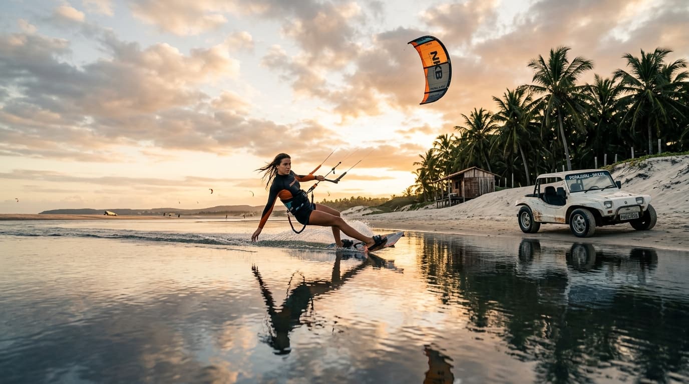 Ein Kitesurfer gleitet über das flache Wasser an der Flussmündung in Parajuru, Brasilien, während im Hintergrund Palmen und ein Buggy im Sand zu sehen sind.