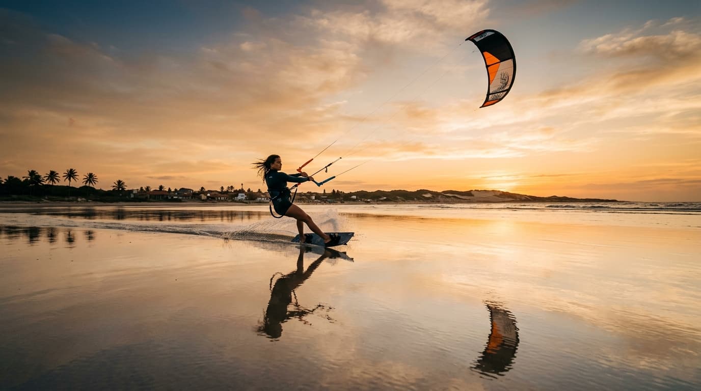 Ein Kitesurfer gleitet bei goldenem Abendlicht über das spiegelglatte Flachwasser der Gezeitenlagune in Parajuru, Brasilien.