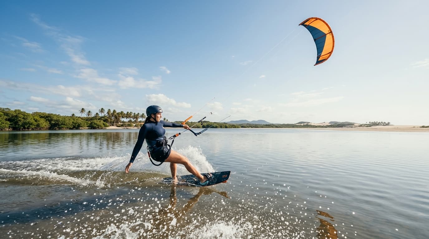 Ein Kitesurfer gleitet über das flache Wasser der Lagune in Parajuru vor der brasilianischen Kueste bei strahlendem Sonnenschein und konstantem Passatwind.