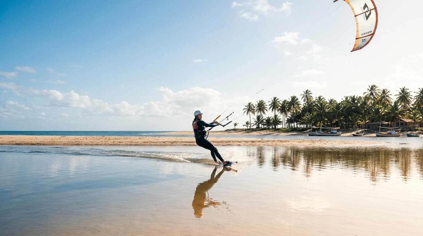 Ein Kitesurfer gleitet bei strahlendem Sonnenschein über das spiegelglatte Flachwasser einer palmengesäumten Lagune in Parajuru, Brasilien, während im Hintergrund eine schützende Sandbank liegt.